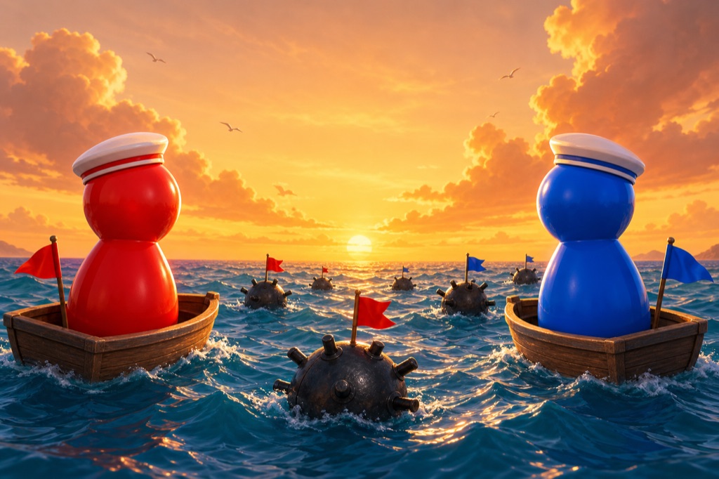 Dos rivales, uno rojo y otro azul, se enfrentan en barcas entre minas marinas al atardecer
